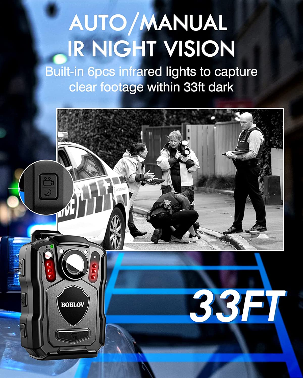 Bodycam con visión nocturna IR, M5, 64GB, GPS, 2K, 1440P, IP67, 170 °