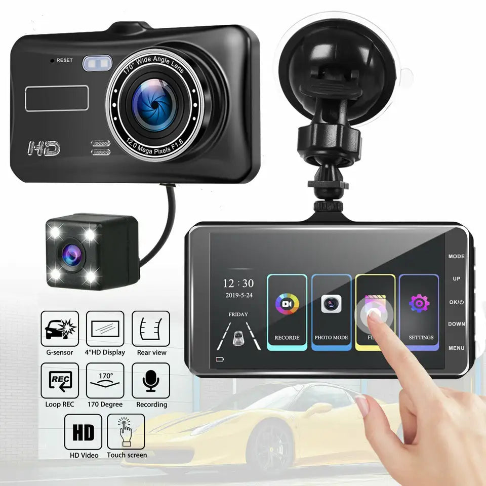 Cámara de vehículo  con pantalla táctil para coche, grabador de vídeo con lente Dual HD 1080P