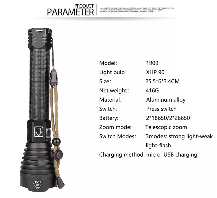 Linterna Led Recargable, 2000 lúmenes