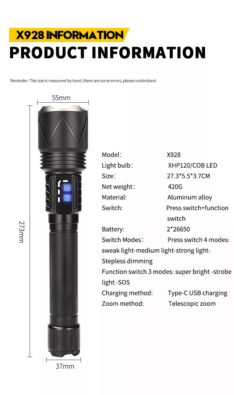 Linterna LED potente de 36 núcleos, 8000 Lumines, recargable