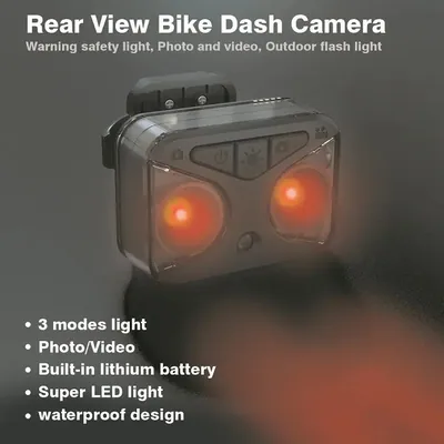 Cámara con luz trasera blanca y roja para seguridad en bicicleta.