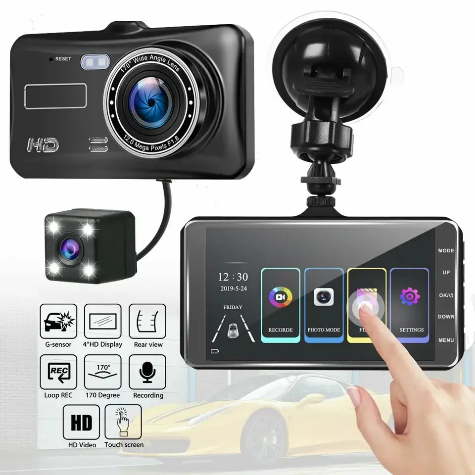 Cámara de vehículo con pantalla táctil para coche, grabador de vídeo con lente Dual HD 1080P